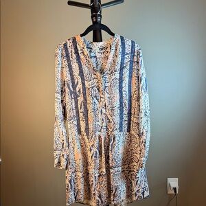 Boho Paisley Stripe Long-Sleeve Tunic Dress - Blue & Cream